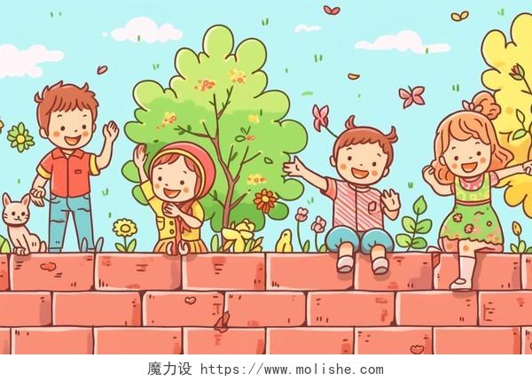 四个孩子高兴地在墙上玩耍卡通AI简笔画快乐儿童幼儿园
